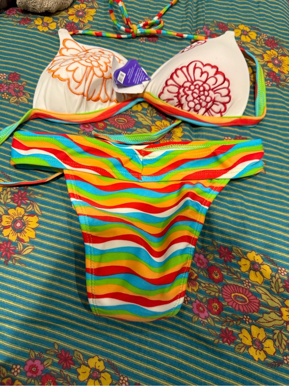 Rainbow Stripe Bikini with Embroidered White Top vintage deadstock Brazilian